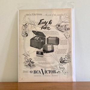 1952 RCA Portable 45 Phonograph Print Ad | Vintage RCA Victor &#39;Easy to Take&#39; Portable Radios Print Ad | Vintage RCA Advertising