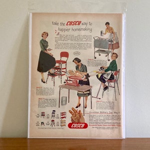 Reklama wózków użytkowych Cosco z lat 50. na Dzień Matki | Reklama z okazji Dnia Matki w stylu vintage „Wybierz drogę Cosco, aby prowadzić szczęśliwsze życie domowe” z 1952 r. | Reklamy retro z okazji Dnia Matki