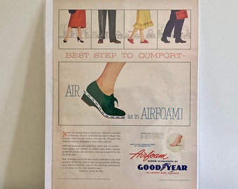 Anuncio impreso Goodyear Airfoam de los años 50 / Anuncio impreso Vintage Goodyear Foam Rubber 'Air Cushioning' / Zapatos acolchados vintage de los años 50 / Neumáticos Goodyear