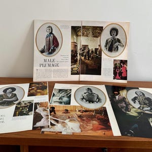 Può includere: Pagine di riviste vintage con contenuti di moda e lifestyle. Le pagine mostrano immagini di persone in vari contesti, con testo che include le parole "MALE PLUMAGE" e "GROOMING, SCREENING, WHIRLPOOL BATHS."