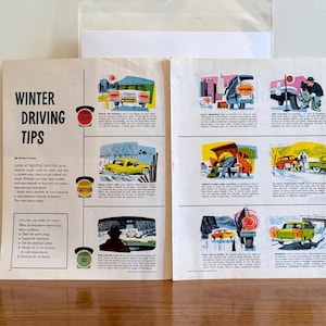 1958 'Winter Driving Tips' 2 Page Spread | Vintage Automobile Ads | Vintage Driving School | Retro Garage Decor | Vintage Car Prints