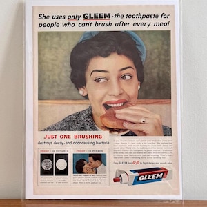 50er Jahre Gleem Zahnpasta Anzeige | Vintage Zahnpasta Print-Werbung | Vintage 50er Jahre Hygiene Werbung | Vintage schwarze Medien