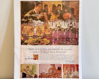 Vintage Libbey Golden Foliage Glassware Ad - 1950er Jahre Retro Bar Decor