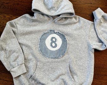 Handgemaakte denim 8-ball hoodie met patch, vintage streetwear