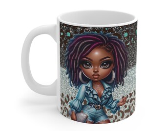May include: White ceramic mug with a colorful illustration of a woman with brown skin, purple and black dreadlocks, wearing a blue denim outfit and holding a silver clutch. The background is a brown and silver glitter pattern.