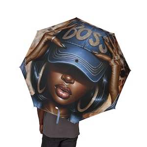Black Boss Lady Art Semi-Automatic Umbrella|Chic Compact Rain Umbrella| Stylish Gift for Women|Unique Prints