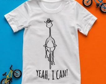 Funny Giraffe Cycling Tee | Kids Bike Gift Yes I can! | Learn to Ride Bike Celebration