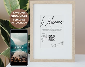 Peut inclure: Un livre d'accueil numérique et un guide pour les locations de courte durée. L'image montre une pancarte d'accueil encadrée avec un code QR, un téléphone affichant un écran d'accueil et des logos pour Airbnb, HomeAway et Vrbo. Le texte sur la pancarte indique "Bienvenue" et "Pour profiter au maximum de votre séjour, nous avons créé un livre d'accueil avec toutes les informations dont vous aurez besoin. Veuillez scanner le code QR fourni pour accéder à votre copie numérique !"