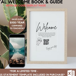 Könnte beinhalten: Ein digitales Willkommensbuch und ein Leitfaden für Kurzzeitmieten. Das Bild zeigt ein gerahmtes Willkommenszeichen mit einem QR-Code, ein Telefon, das einen Willkommensbildschirm anzeigt, und Logos für Airbnb, HomeAway und Vrbo. Der Text auf dem Schild lautet "Willkommen" und "Um Ihren Aufenthalt optimal zu nutzen, haben wir ein Willkommensbuch mit allen Informationen erstellt, die Sie benötigen. Scannen Sie bitte den bereitgestellten QR-Code, um auf Ihre digitale Kopie zuzugreifen!"
