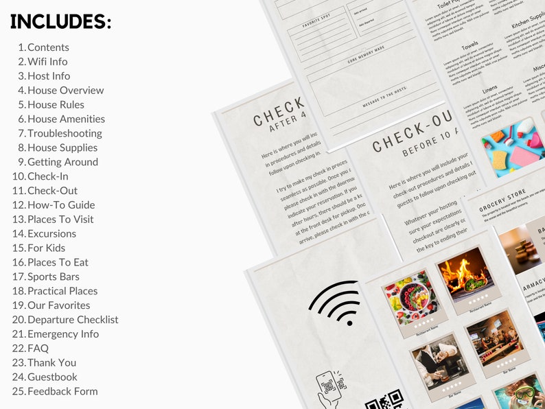 May include: A checklist for guests staying at a vacation rental. The checklist includes sections for check-in, check-out, house rules, amenities, and local attractions. The checklist is designed to help guests have a smooth and enjoyable stay.