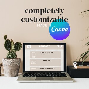 May include: A laptop computer with a contact form on the screen. The form has fields for a phone number, email address, and a website. The laptop is on a white table with a cactus plant in a pot to the left and a stack of books on a black stand to the right. The text "completely customizable MADE IN Canva" is at the top of the image.