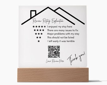 Może przedstawiać: Biały znak z czarnym konturem domu i gwiazdami. Znak zawiera napis "Review Rating Explanation" i kod QR z tekstem "Leave Review Here". Znak zawiera również napis "Thank you!" napisany czarnym, ozdobnym pismem.