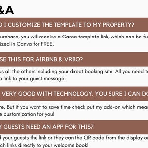 May include: A Q&A section with information about customizing a template for a property, using the template for Airbnb and VRBO, and whether guests need an app to use it. The text is in a brown box with white text.