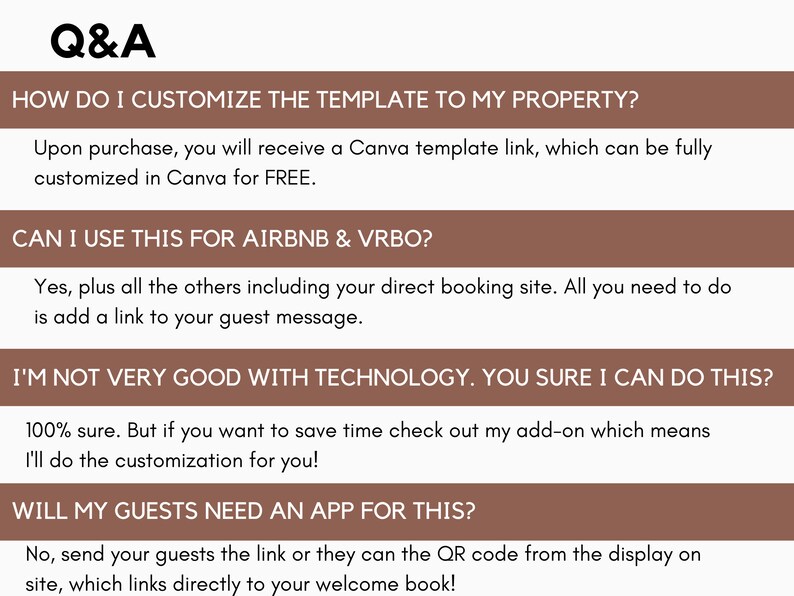 May include: A Q&A section with information about customizing a template for a property, using the template for Airbnb and VRBO, and whether guests need an app to use it. The text is in a brown box with white text.