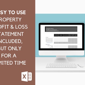 May include: A computer screen displaying a spreadsheet template for a property profit and loss statement. The spreadsheet is titled "Company Name Profit & Loss Statement". The text "EASY TO USE PROPERTY PROFIT & LOSS STATEMENT INCLUDED, BUT ONLY FOR A LIMITED TIME" is displayed on the left side of the image.