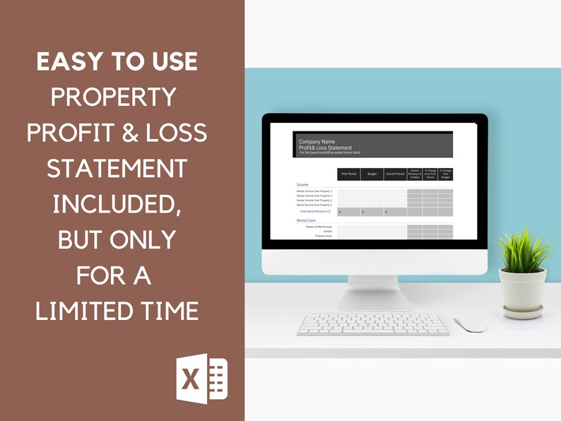 May include: A computer screen displaying a spreadsheet template for a property profit and loss statement. The spreadsheet is titled "Company Name Profit & Loss Statement". The text "EASY TO USE PROPERTY PROFIT & LOSS STATEMENT INCLUDED, BUT ONLY FOR A LIMITED TIME" is displayed on the left side of the image.