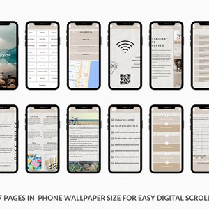 May include: A digital guide for a vacation rental, with 27 pages in phone wallpaper size. The guide includes a welcome page, rules, supplies, around the area, a checklist, and a stairway to heaven section.