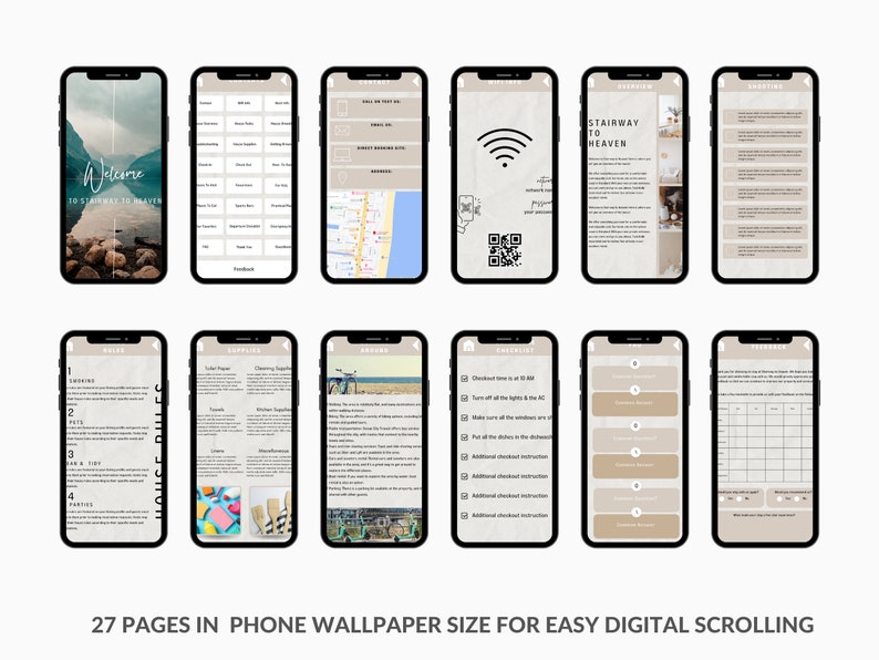 May include: A digital guide for a vacation rental, with 27 pages in phone wallpaper size. The guide includes a welcome page, rules, supplies, around the area, a checklist, and a stairway to heaven section.
