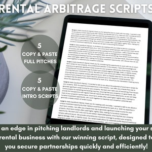 May include: A laptop screen displaying a marketing image for a business offering rental arbitrage scripts. The image features a green plant in the foreground and a laptop screen with the text "Rental Arbitrage Scripts" in a large, bold font. The text "Gain an edge in pitching landlords and launching your short-term rental business with our winning script, designed to help you secure partnerships quickly and efficiently!" is also displayed on the screen.