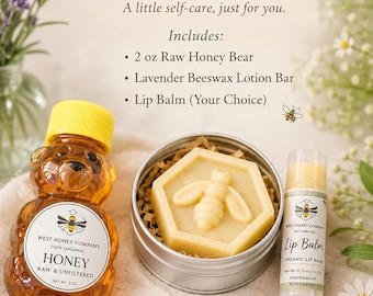 Natural Care Gift Set – Raw Honey Bear, Lavender Beeswax Lotion Bar & Lip Balm | Handmade