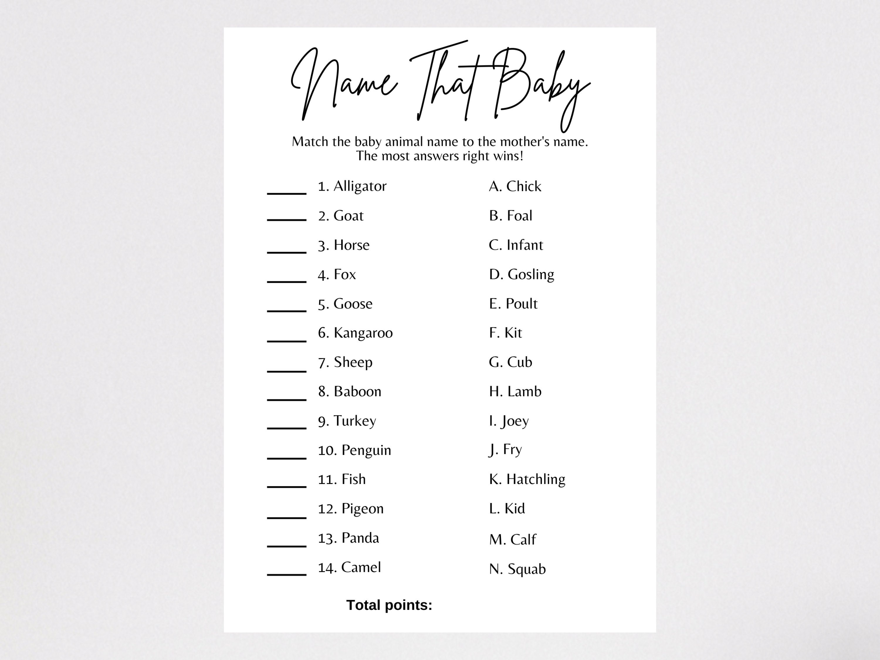 Name That Baby Game For Baby Shower, Baby Animal Name, Printable PDF Document