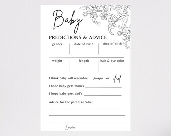Black Floral Theme Baby Shower, Predictions and Advice Game For Baby Shower, Gender Prediction, Printable PDF Document