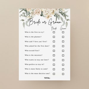 White Floral &#39;More Likely, Bride or Groom&#39; Game For Bridal Shower, Wedding Shower Game, Couples Shower, Verdure, Document PDF imprimable