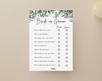 Greenery &#39;More Likely, Bride or Groom&#39; Game For Bridal Shower, Wedding Shower Game, Couples Shower, Foliage, Printable PDF Document