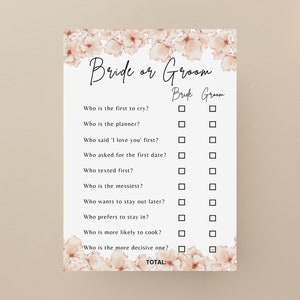 Pink Flowers &#39;More Likely, Bride or Groom&#39; Game For Bridal Shower, Wedding Shower Game, Couples Shower, Printable PDF Document
