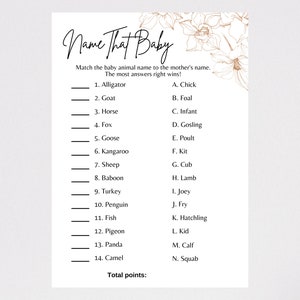 Brown Floral Theme Baby Shower, Name That Baby Game, Baby Animal Name Game, Printable PDF Document