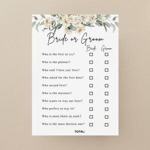 White Floral &#39;More Likely, Bride or Groom&#39; Game For Bridal Shower, Wedding Shower Game, Couples Shower, Verdure, Document PDF imprimable
