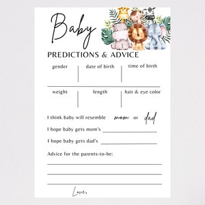 Safari Theme Baby Shower, Predictions and Advice Game, Gender Prediction, Printable PDF Document