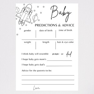 Babyshower met ruimtethema, voorspellingen en adviesspel, geslachtsvoorspelling, afdrukbaar PDF-document