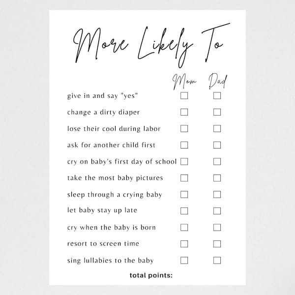 More Likely To Game For Baby Shower, Mom or Dad, Printable PDF Document
