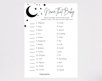 Moon & Stars Theme Baby Shower, Name That Baby Game, Baby Animal Name Game, Printable PDF Document
