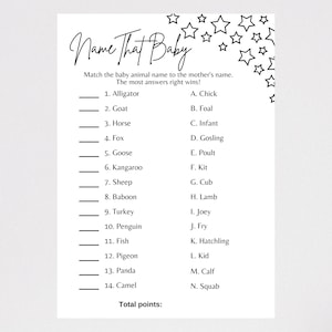 Stars Theme Baby Shower, Name That Baby Game, Baby Animal Name Game, Printable PDF Document