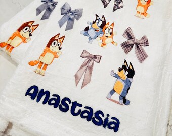 Personalized Baby Blanket - Personalized Bluey and Bingo Blanket - Bluey Blanket - Bluey Bow Blanket Custom Personalized Baby Blanket