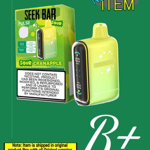 May include: A lime green and black SEEK BAR Pulse vape device with the text "SOUR CRANAPPLE" and "New ITEM". The device has a digital display showing "100". The product box is also lime green with the same text.
