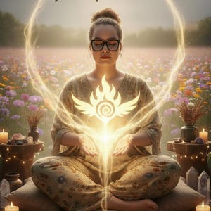 May include: An image with the text "Your Daily Devoted Healing Assistant" and "Weekly 24/7 Spiritual Guardian". A person wearing glasses is meditating in a field of flowers. A glowing symbol is in front of the person, with candles and crystals around.