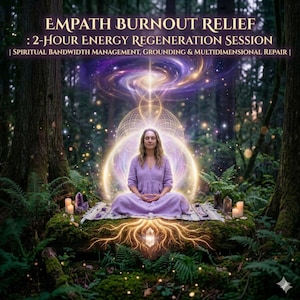 Puede incluir: Una persona con un vestido morado medita en un bosque, rodeada de velas y cristales. La imagen incluye el texto: EMPATH BURNOUT RELIEF: 2-HOUR ENERGY REGENERATION SESSION | SPIRITUAL BANDWIDTH MANAGEMENT, GROUNDING & MULTIDIMENSIONAL REPAIR |