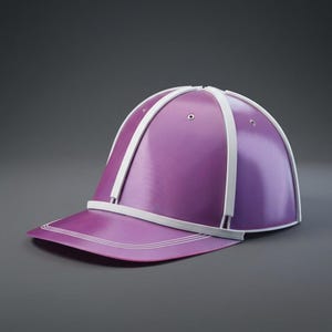 May include: A purple baseball cap featuring a structured design with white plastic-like framing along the seams and brim. The cap has a smooth, glossy finish with small metal eyelets for ventilation and three thin white lines on the visor.