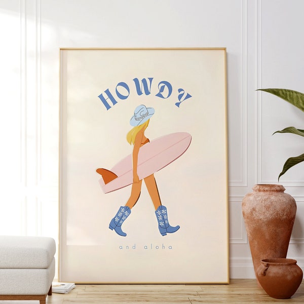 Cowgirl poster, Howdy and Aloha Cowgirl Surf Girl Poster, Retro Style Poster, Howdy Poster, Trendy Wall Art, Dorm Room Decor, Preppy Print