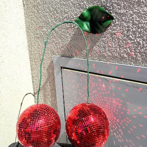 Cherry Disco Ball Decor - Red Mirror Ball Fruit Ornament with Leaf | Funky Retro Wall or Party Decoration | Handmade Y2K Home Decor Gift