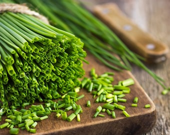 Peut inclure: Un bouquet de ciboulette verte fraîche sur une planche à découper en bois. La ciboulette est hachée et prête à être utilisée dans une recette.