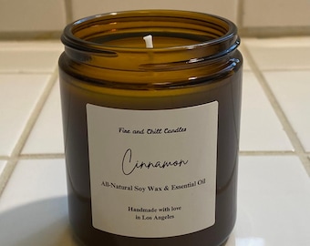 Cinnamon All-Natural Soy Candle: 100% Pure Essential Oil, Warm Amber Brown Glass Jar