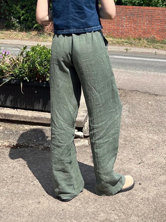 Pantaloni da donna in lino con tasche, colore verde Nuovi di