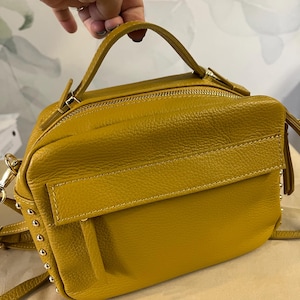 Genuine Leather Handbag, Cross body bag - Mustard Yellow