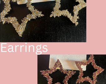 Fantasy Star Earrings, Ladies Ear Studs, Large Glitter Pink or Gold Stone. Star Earrings. Brand New, UK Dispatch.