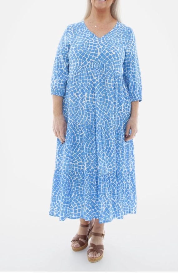 blue and white mosaic dress Mosaic Linen Midi Dress-Sky Blue L main image 0