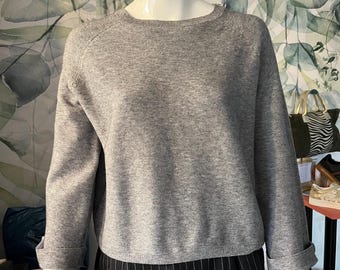 Buttoned Rolled Sleeve Ribbed Jumper - Grey